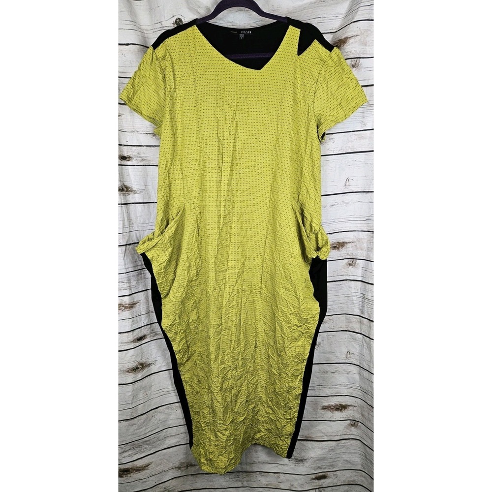 Kozan Yellow Polka Dot Crinkle Dress L Lagenlook Mixed Media Art to Wear Midi